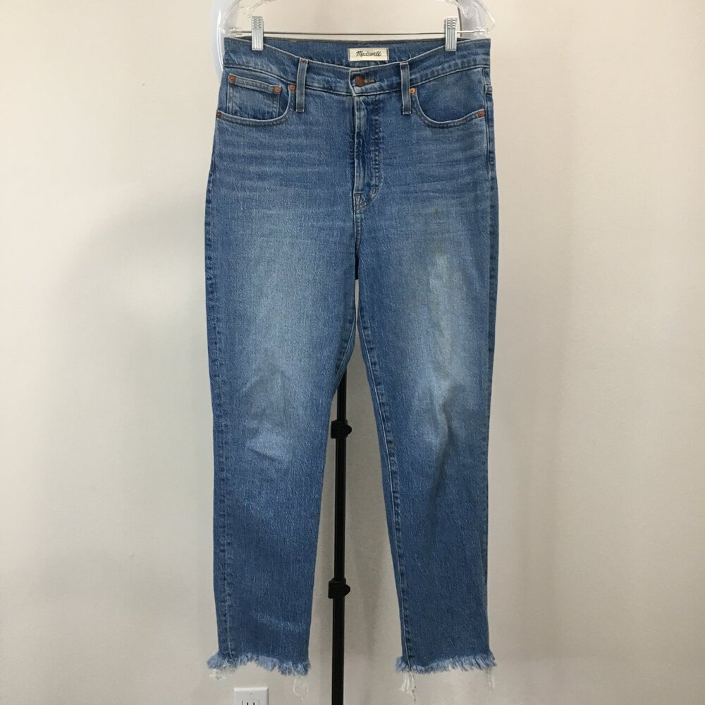 MADEWELL Medium Wash The Perfect Vintage Raw Edge Hem 5 Pocket Logo Button Jeans